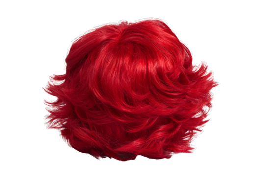 Bold red voluminous wig, perfect for various styles, displayed on a transparent background.