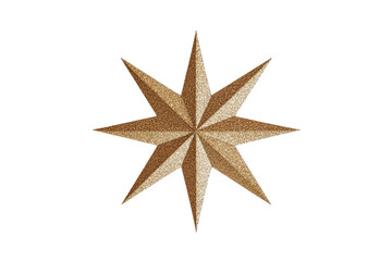 A metallic, eight-pointed star with a textured, glittering surface against a black background