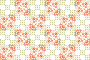 Warm Tones Floral and Checkered Seamless Pattern. Fall Flower Pattern with Geometric Grid. Abstract Square Floral Background. Embroidered Look Vintage Floral. Classic Tablecloth Pattern.