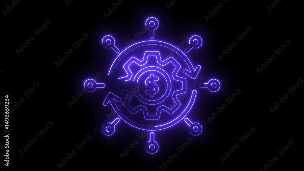 Poster neon style automated financial process diagram animation with dollar symbol