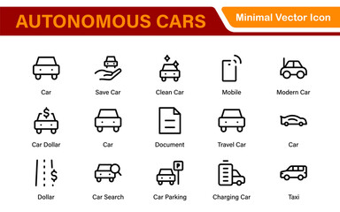 Autonomous Vehicles Self-Driving Car Icons – Minimal Line Vector Illustrations for Smart Transportation, Electric Cars, Future Mobility.