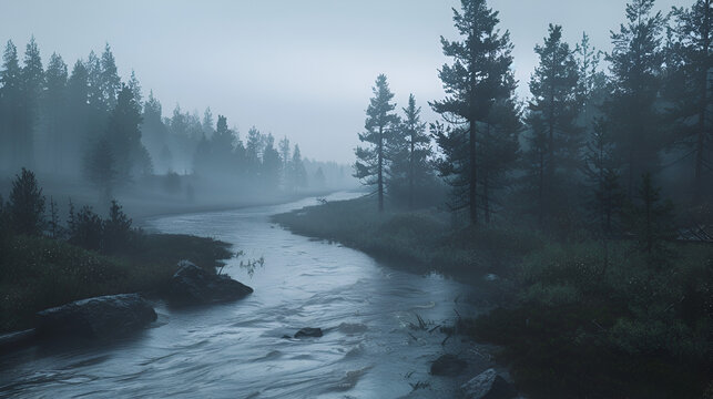 A misty river flowing through a forest with tall trees and a dense fog covering the landscape view