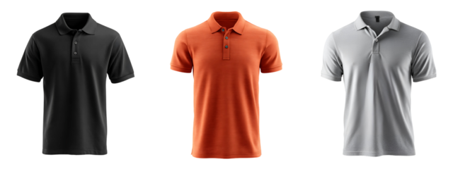 High Quality Grey Black and Orange Polo T Shirt Front View Mockup Product Template Isolated on a White or Transparent Background.