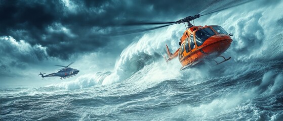 Fototapeta premium dramatic ocean rescue scene where helicopters hover over massive waves, guiding a lifeboat to safety, Generative AI