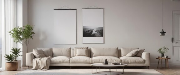 Modern living room, minimalist poster mockup hanging on clips, simple, background