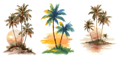 Fototapeta premium Set of ultra detailed watercolor palm trees with beige sunset background isolated on a white or transparent background.