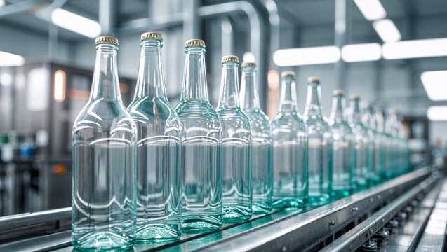 Empty glass bottles moving along a production line in a modern manufacturing facility.