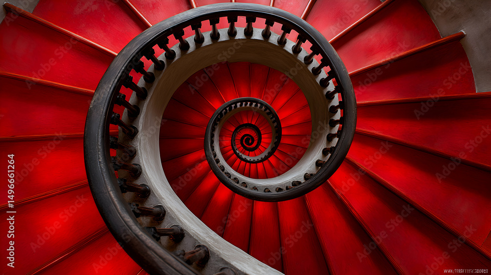 Poster a mesmerizing spiral staircase with vibrant red wooden steps and a dark wood handrail, creating a vi