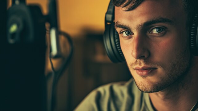 Young man focused in broadcast studio, wearing headphones, conveying professionalism and dedication in media production