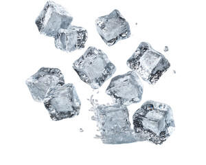 Obraz premium Falling Ice Cubes Splashing Water on Transparent Background, PNG