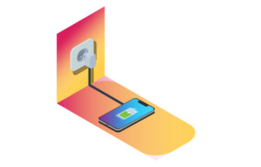 Isometric concept of mobile battery charging, vector illustration