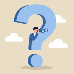 An illustration depicting a businessman inside a massive question mark shape, symbolizing exploration, discovery, and curiosity. Emphasizes business vision and decision-making with a surreal, conceptu