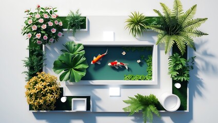 Fototapeta premium Serene Koi Pond Garden Design Top-Down View of Tranquil Landscape