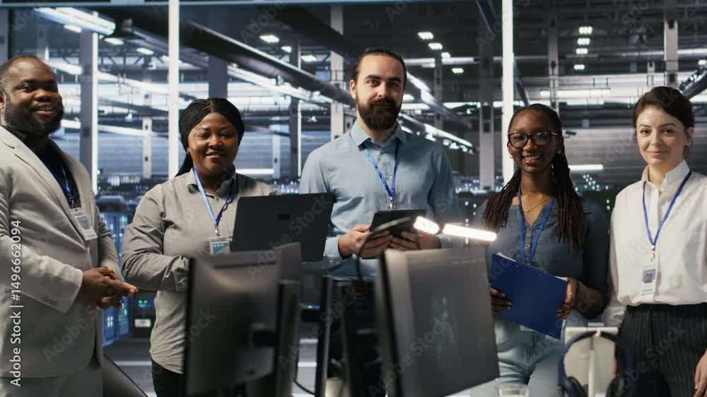 Poster happy data center engineering team members collaborating on neural network software development. smi
