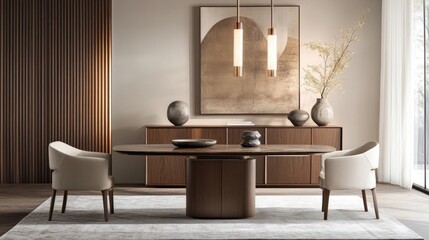 Clean dining room with a table and sideboard behind