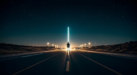 Silhouette of a Person Standing on a Road at Night with a Bright Light Beam Behind Them, Stars Visible in the Sky