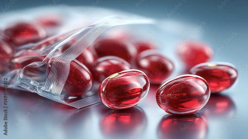 Poster a bag of red pills is shown on a table. the pills are small and shiny, and they are arranged in a ne