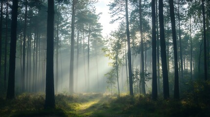 Fototapeta premium Sunbeams piercing a misty forest.