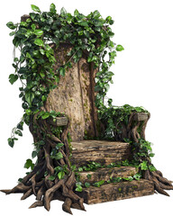 Stone throne overgrown with vines. Lush greenery, ancient stone, intricate roots