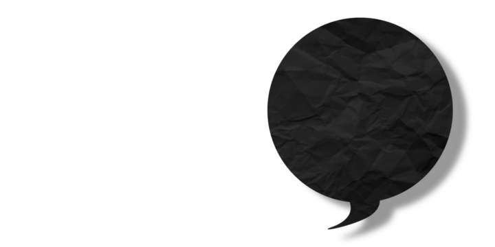 Black speech bubble crumpled paper isolated on transparent background