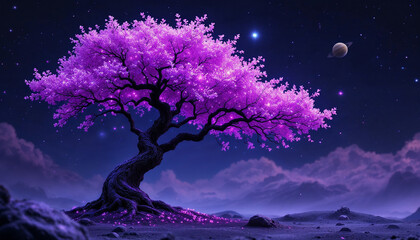 An enormous tree growing in the middle of a crater on the moon, leaves glowing with bioluminescence, surreal life in space