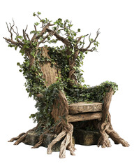 A mystical tree-shaped throne, intricately carved, adorned with lush greenery