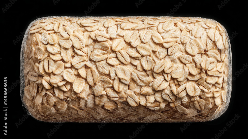 Poster a close up of a roll of oats with a lot of flakes on it. the oats are in a plastic wrapper