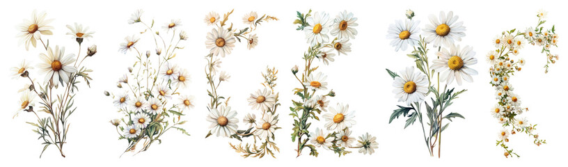 PNG Vintage daisy floral illustrations, element set on transparent background