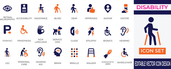 Set of editable vector icons representing accessibility, disability support, prosthetics, personal care, hearing aids, and assistive technology.