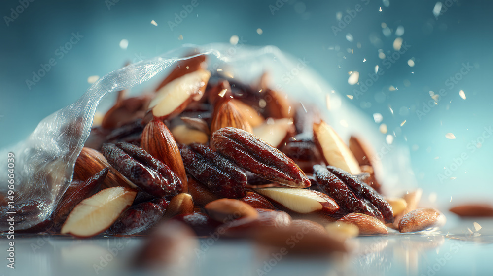 Poster a bag of mixed nuts is shown with a blue background. the nuts are scattered all over the bag and the