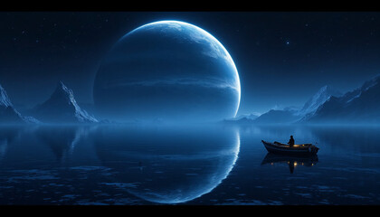 A futuristic city skyline floating above clouds, glowing softly under a crescent moon, people walking on invisible bridges in the sky, dreamlike ambiance