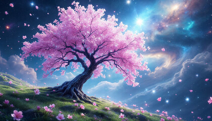 An enormous tree growing in the middle of a crater on the moon, leaves glowing with bioluminescence, surreal life in space