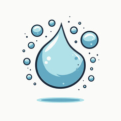 Illustration of a Single Blue Water Drop Surrounded by Bubbles on a White Background, Clean and Simple Design