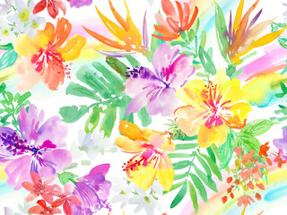 PNG seamless pattern of abstract purple and yellow hibiscus flowers, rainbow, tropical foliage, and monstera leaves painted in watercolor. Hand painted tropical flowers and birds wallpaper.