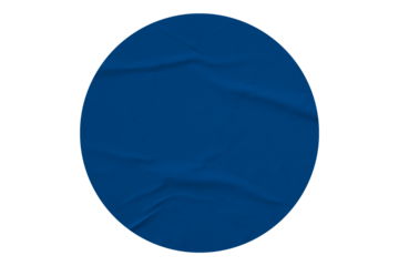 blue circle sticker with crumpled edges. Wrinkled round paper isolated on transparent background.