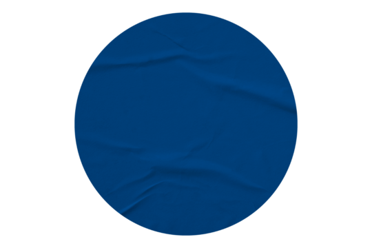 blue circle sticker with crumpled edges. Wrinkled round paper isolated on transparent background.