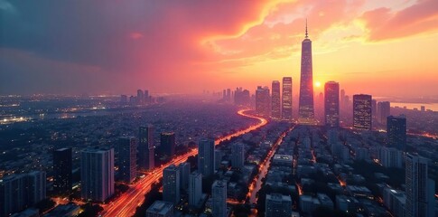 Fototapeta premium A sleek, modern cityscape skyline at sunset, symbolizing adaptable and resilient urban planning for the future , modern, infrastructure