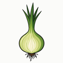 Green Onion with Roots and Stalks Isolated on White Background, Vector Illustration for Culinary and Gardening Purposes