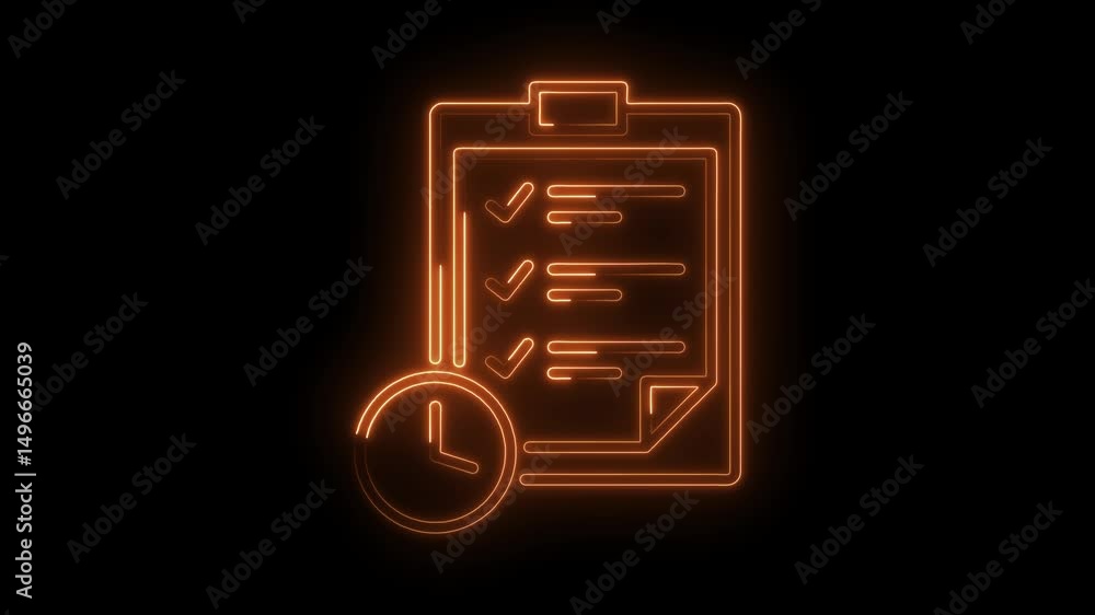 Poster neon glowing checklist with clock animation on black background task management