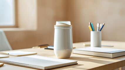 Shiny Ceramic Travel Cup on Office Meeting Table with Minimalist Stationery and Notebook, Professional Workspace Mockup