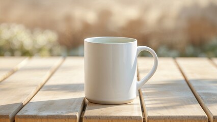 Blank White Mug on Wooden Table with Nature Background, Outdoor Eco Lifestyle Mockup Scene