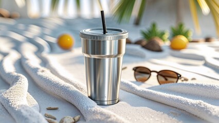 Reusable Tumbler with Straw on Beach Towel, Summer Vibes Mockup with Sand and Sunglasses