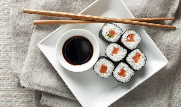 Overhead shot of delicious tuna maki sushi rolls served on a white plate with soy sauce and chopsticks presented on a textured linen tablecloth