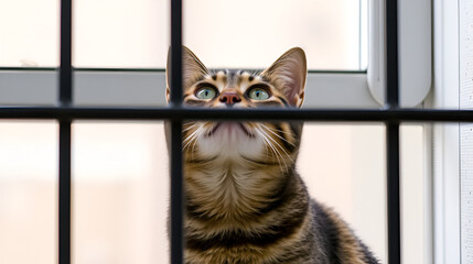 Cat sits at the window behind the bars and looks up