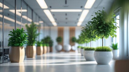 Modern Sleek Office Workspace with Glass Meeting Rooms, Potted Plants, Neutral Colors, Soft Focus and Product Display Background