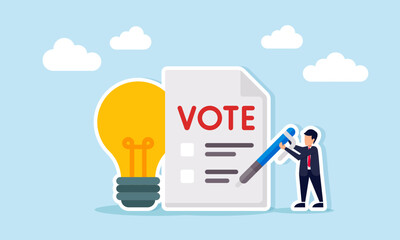 Businessman carrying pen next to voting paper and lamp illustration of vote to decide the right idea to apply