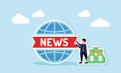 Naklejka premium Businessman carrying many money bags holding a ribbon with news placed on a globe illustration of profitable business in the news industry