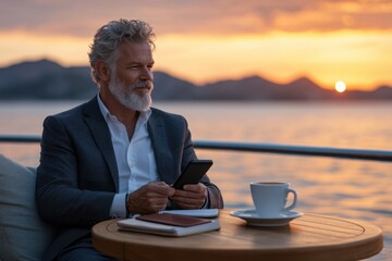 Mature man uses phone at sunset