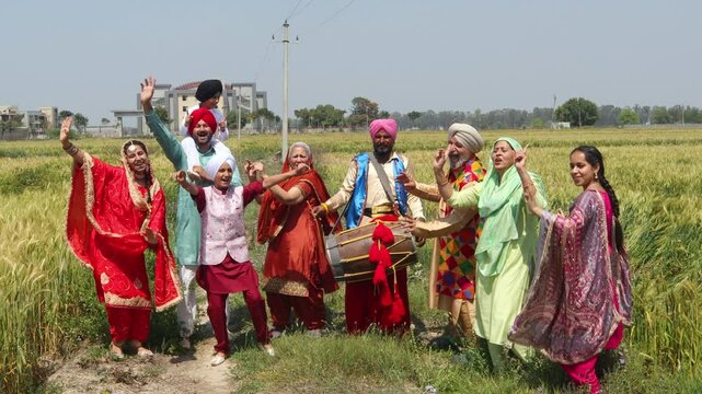 Punjab people farmers celebrating Baisakhi or vaisakhi festival in agriculture field and doing bhangra dance. Punjabi sikh family enjoying festive season together, Culture of india. 4k