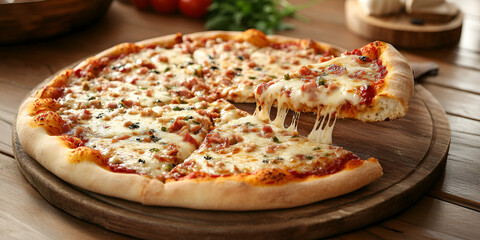 Hot Pizza with Melting Cheese and Pepperoni on Wooden Board, Freshly Baked Pepperoni Pizza Slice Being Lifted, Classic Italian Pizza with Cheese and Toppings  

